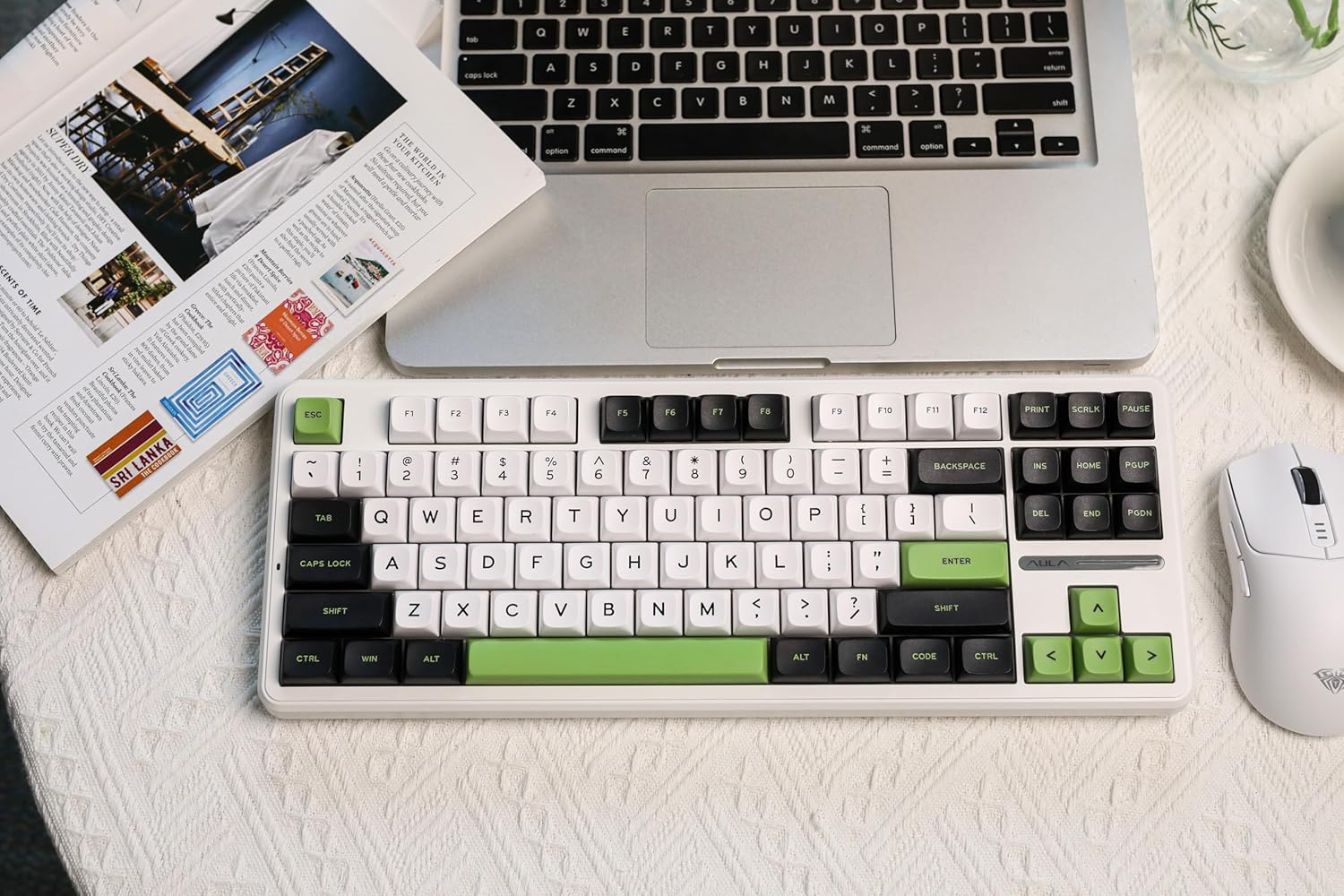 Aula-f87-pro-white-green-6 AULA F87 Pro Mechanical Gaming Keyboard – 87-Key TKL RGB, Gray Wood Switch, Tri-Mode Wireless & Hot-Swappable - Image 1