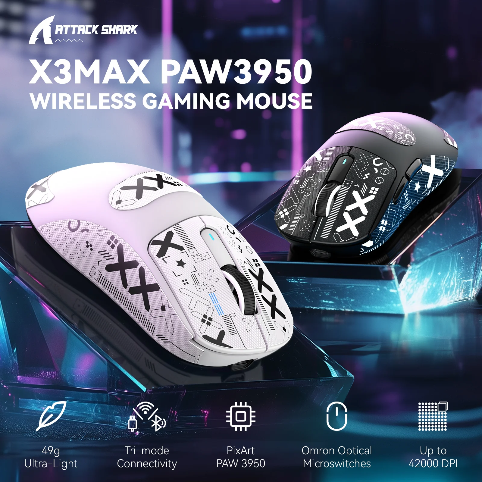 2_015acad6-35e0-4a6a-b20e-13017cdf56cf Attack Shark X3 Max 42000DPI Wireless Gaming Mouse - White-black - Image 1