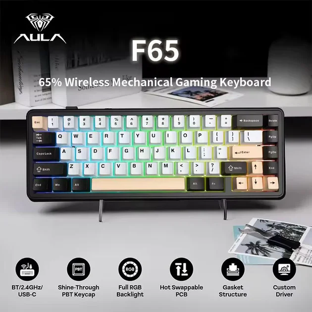 aula-f65 AULA F65 65% Wireless RGB Mechanical Keyboard – White + Pink + Black, Star Vector Switch, Hot-Swappable - Image 1