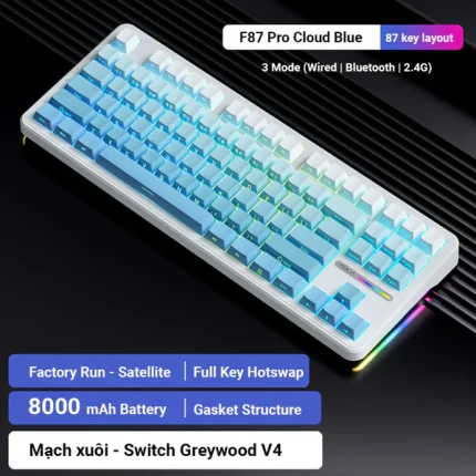 AULA F87 Pro Gradient Blue Mechanical Keyboard – 87-Key TKL RGB, Side-Engraved Keycaps & Graywood Switch